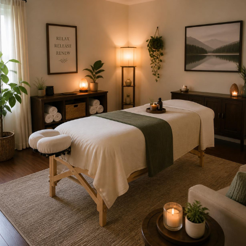 a clean and inviting living room transformed into a professional massage space