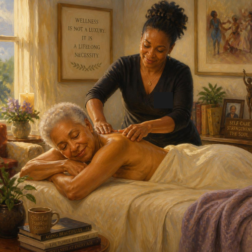 an older adult smiling while stretching comfortably after an in home massage session