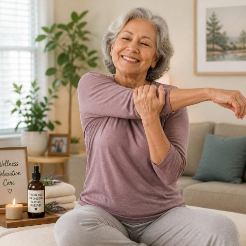 older adult enjoying a professional in home massage session by mitzi copeland to support healthy aging and overall wellness & health.
