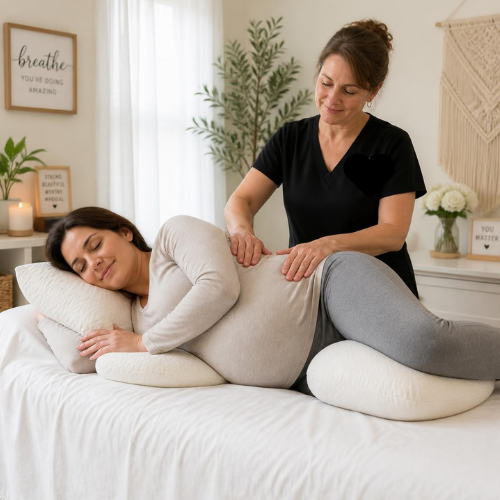 Professional in-home prenatal massage helping an expectant mother relax in Pleasanton, California.