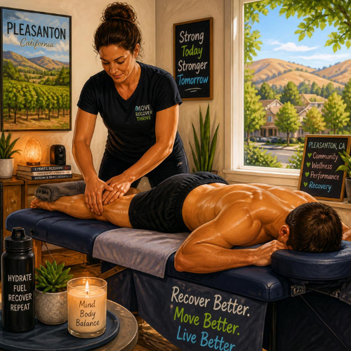 Professional in-home sports recovery massage helping an active client recover after exercise in Pleasanton, California.