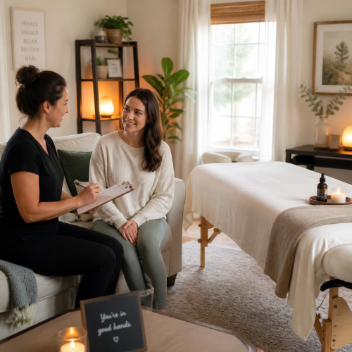 Personalized in-home therapeutic massage consultation in Pleasanton, California.